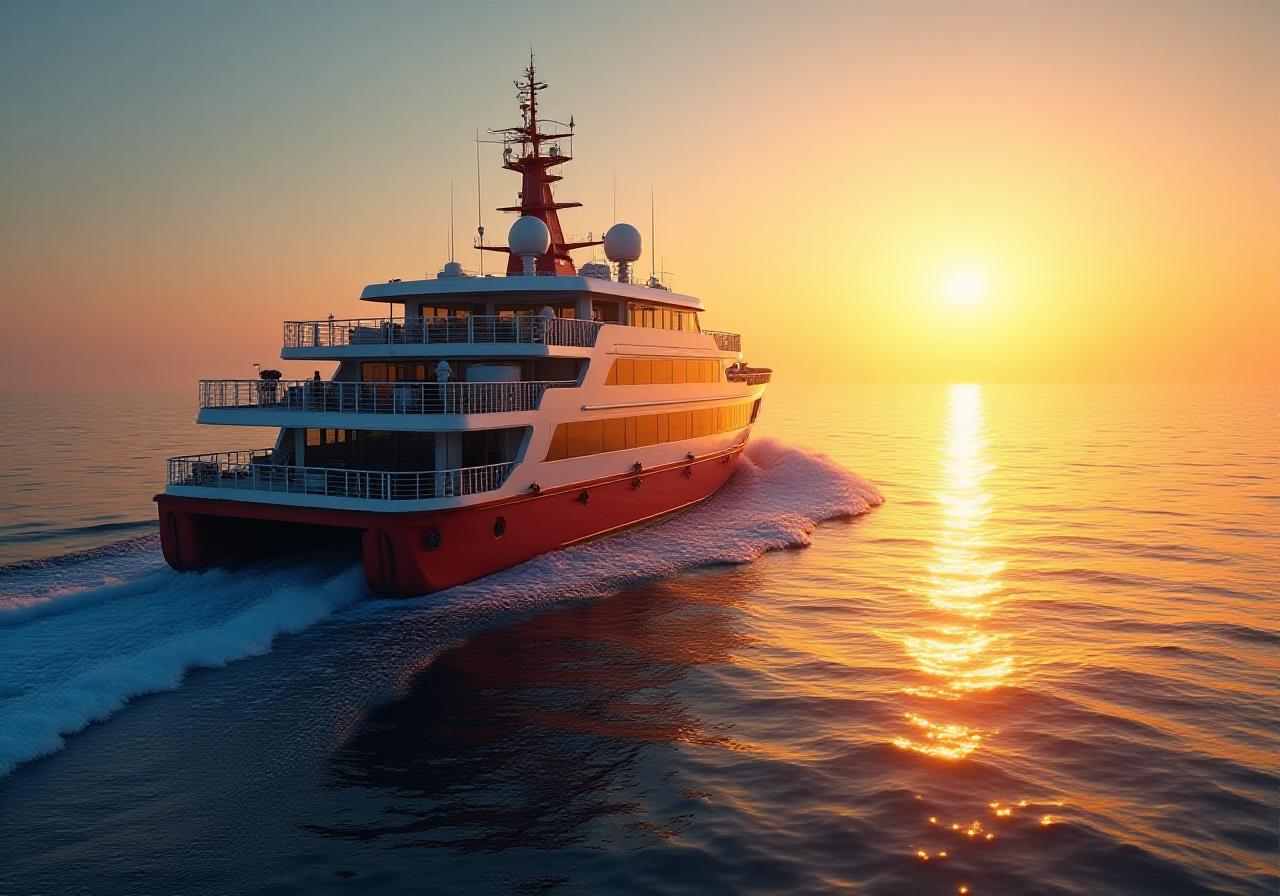 Navire de recherche environnementale au coucher du soleil